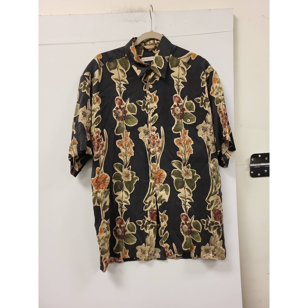 Burma Bibas Silk Button Up Shirt Floral‎ Print Mens Size M Short Sleeve Korea